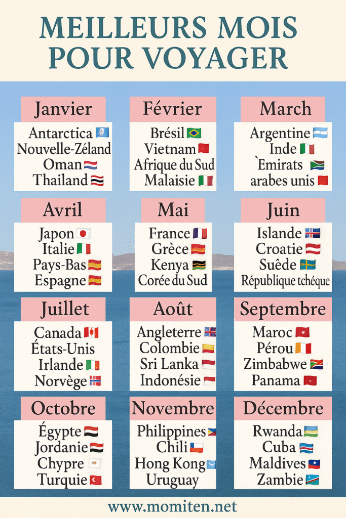 Calendrier des meilleurs mois pour voyager par pays
